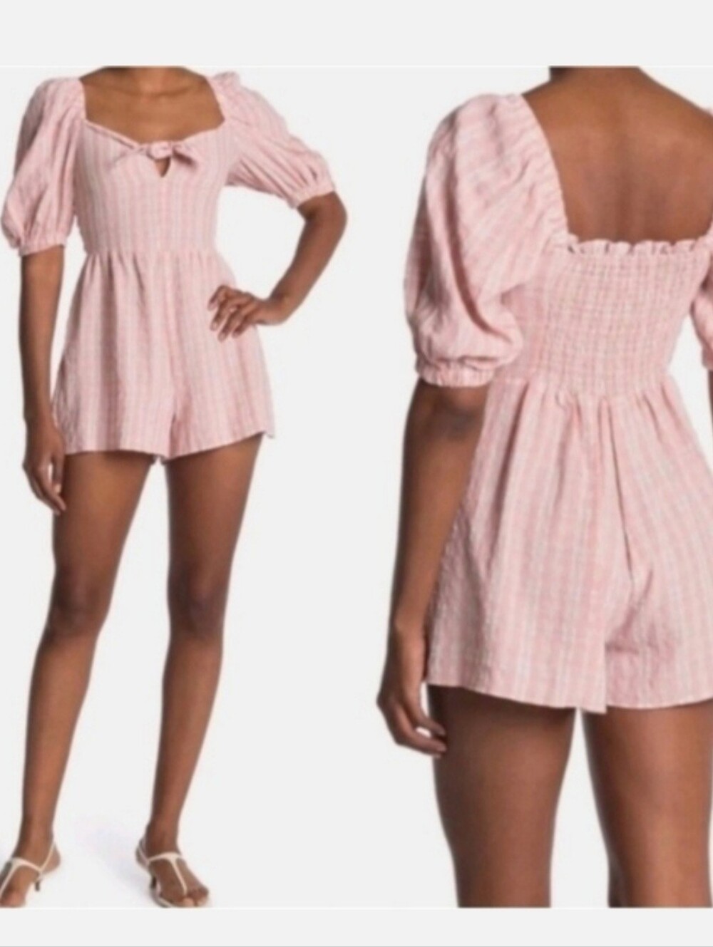 Top Shop Pink Striped Puff Sleeve Romper